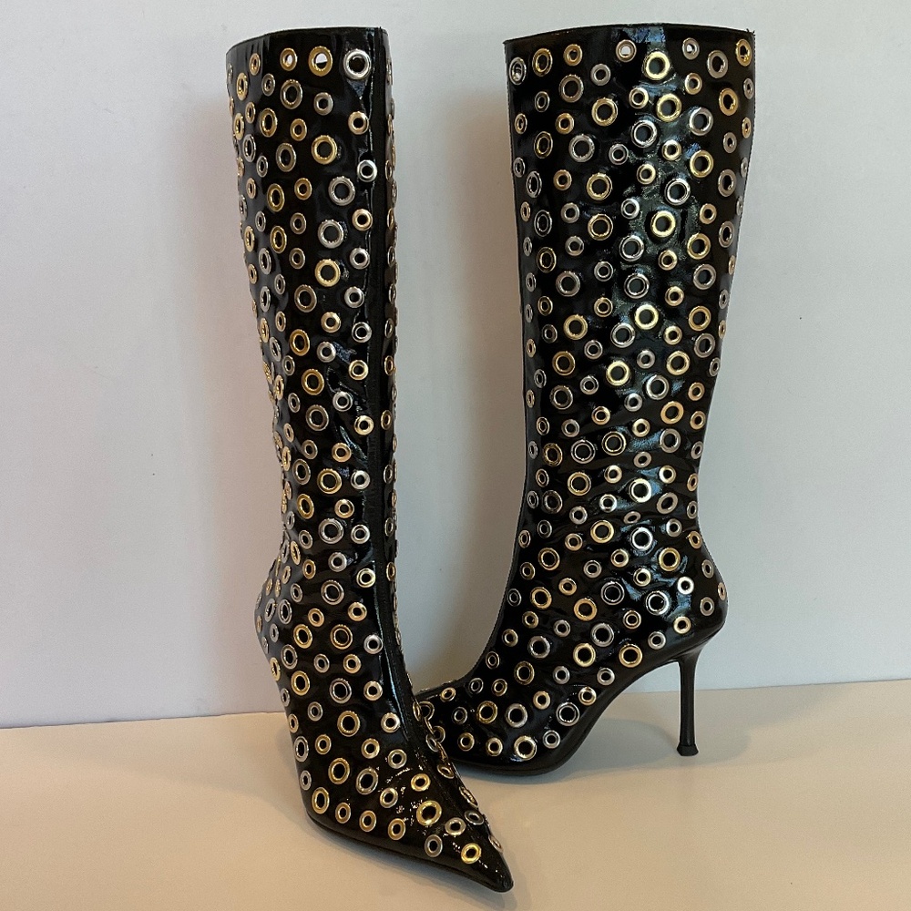 JEFFREY CAMPBELL Holey Pointed Toe Grommet Detail Tall  Boots Size 7.5 NWT - Picture 2 of 10